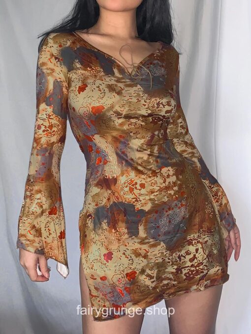 Y2K V Neck Printing Flare Sleeve Vintage Dress 1