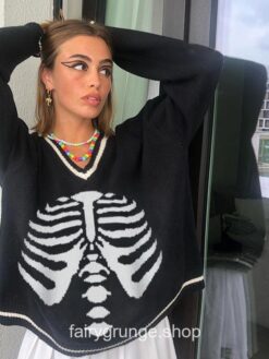 Grunge Fairycore Gothic Skeleton Woman Sweater 1