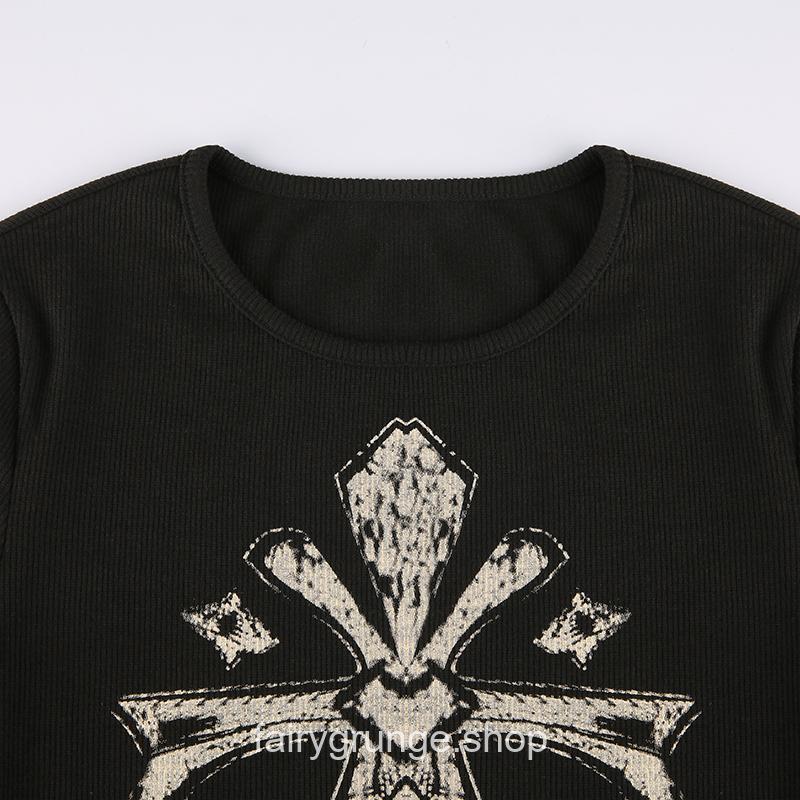 Goth Printed Fairy Grunge Rhinestone Autumn Long Sleeve T-Shirt 9