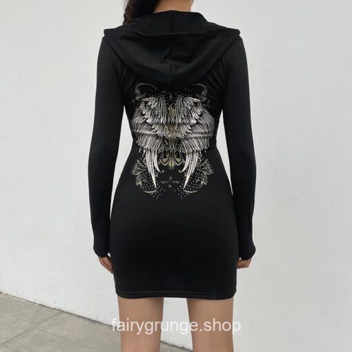 Gothic Wings Printed Zipper Hooded Bodycon Dress 3