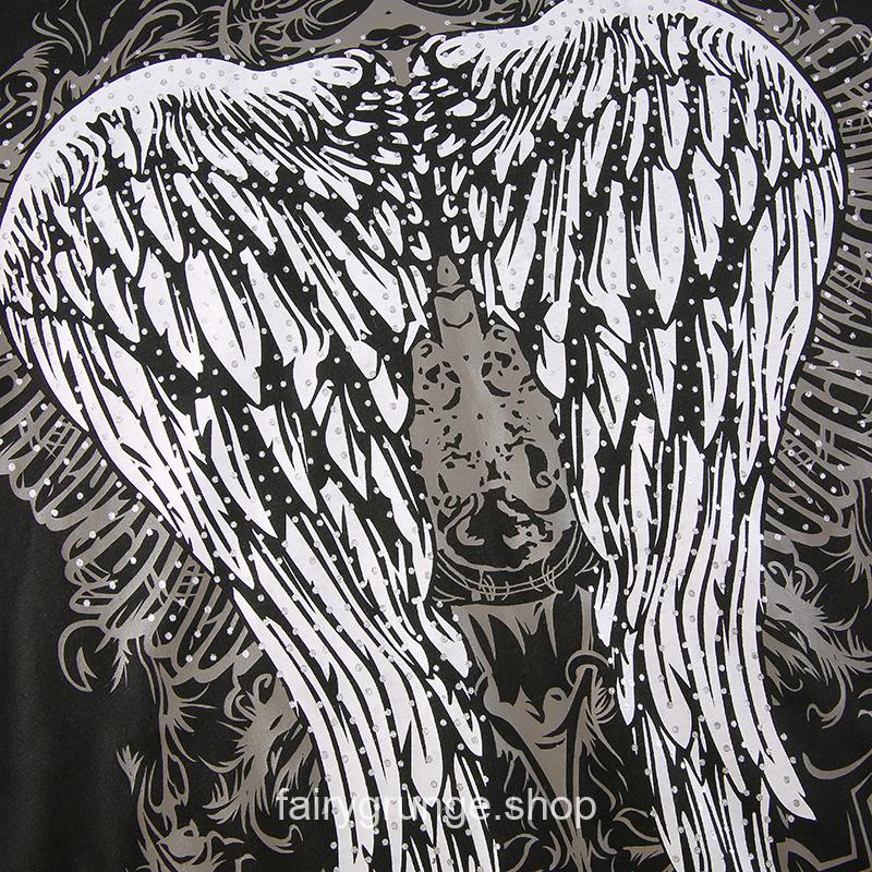 Gothic Wings Print Rhinestone Graphic Top Long Tee 9