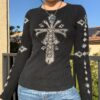 Goth Printed Fairy Grunge Rhinestone Autumn Long Sleeve T-Shirt 7