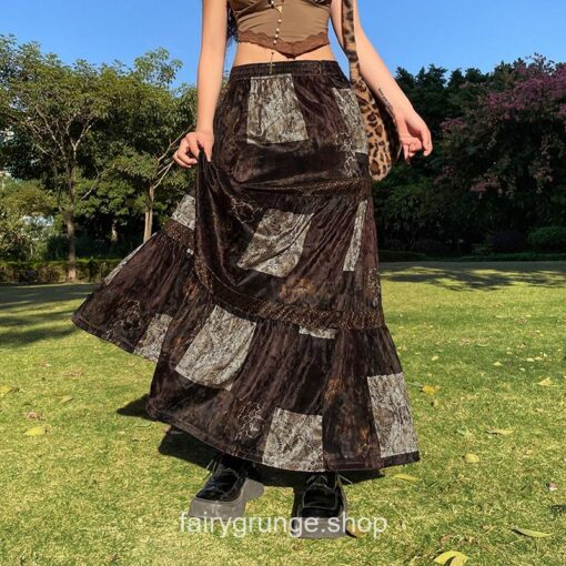 Grunge Fairycore Vintage Patchwork High Waist Long Skirt 2