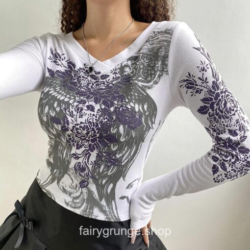 Retro Fairycore Angel Printed Fairy Grunge Y2K Slim Long Sleeve T-Shirt 10