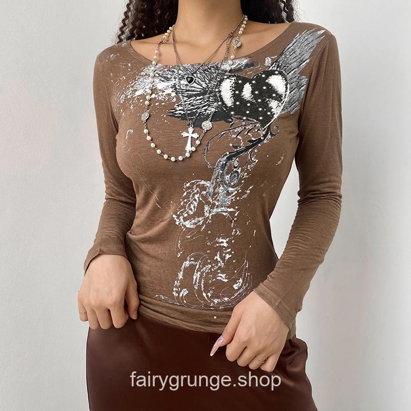 Grunge Fairycore Retro Rhinestone Heart Wings Print Long Sleeve T-Shirt 3