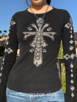 Goth Printed Fairy Grunge Rhinestone Autumn Long Sleeve T-Shirt 1