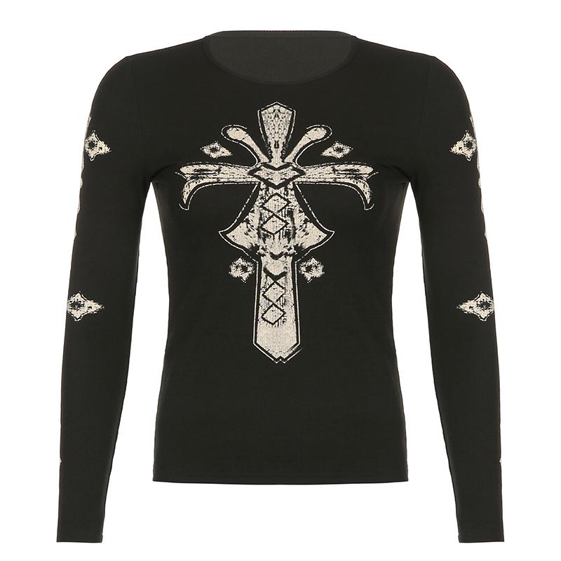Goth Printed Fairy Grunge Rhinestone Autumn Long Sleeve T-Shirt 5