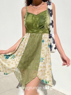 Vintage Lace Patchwork Folds Summer Asymmetrical Dress 2