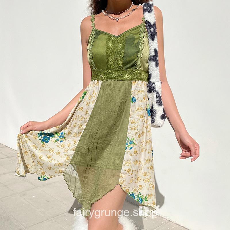 Vintage Lace Patchwork Folds Summer Asymmetrical Dress 3