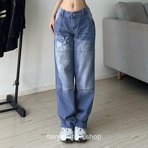 Printed Baggy DenimVintage Fashion Straight Low Rise Jean 8