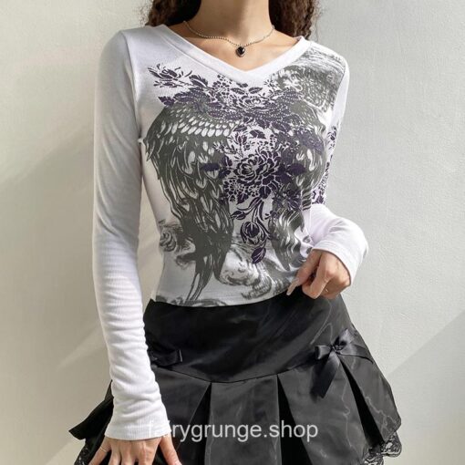 Retro Fairycore Angel Printed Fairy Grunge Y2K Slim Long Sleeve T-Shirt 1
