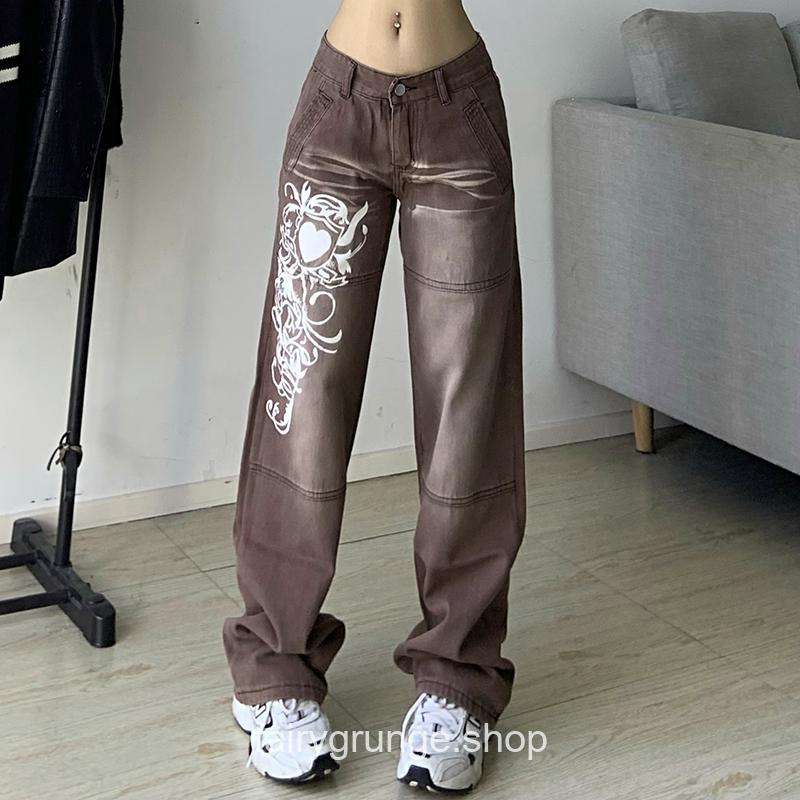 Printed Baggy DenimVintage Fashion Straight Low Rise Jeans