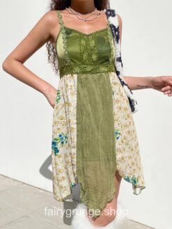 Vintage Lace Patchwork Folds Summer Asymmetrical Dress 1