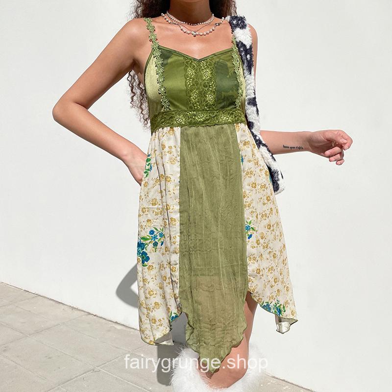 Vintage Lace Patchwork Folds Summer Asymmetrical Dress 5