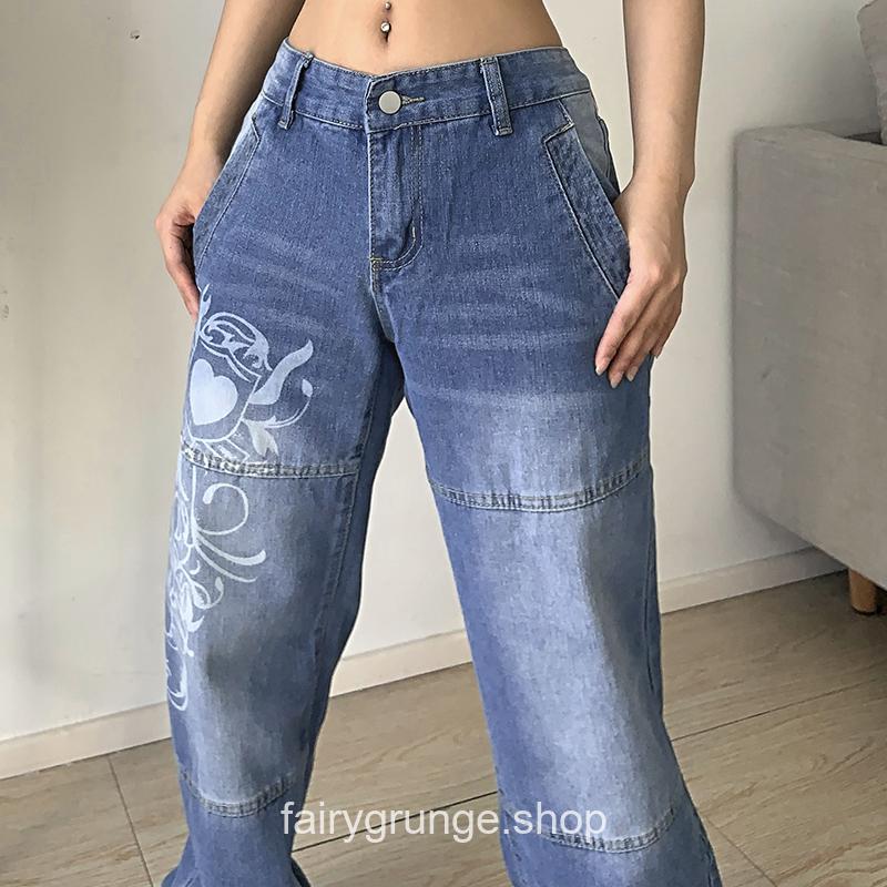 Printed Baggy DenimVintage Fashion Straight Low Rise Jeans 1