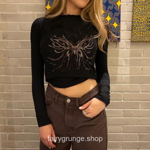 Fairy Grunge Gothic Dark Butterfly Printed Long Sleeve T-Shirt 2