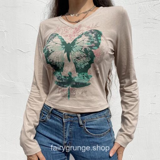 Fairy Grunge Aesthetic Butterfly Printed Autumn T-Shirt 2