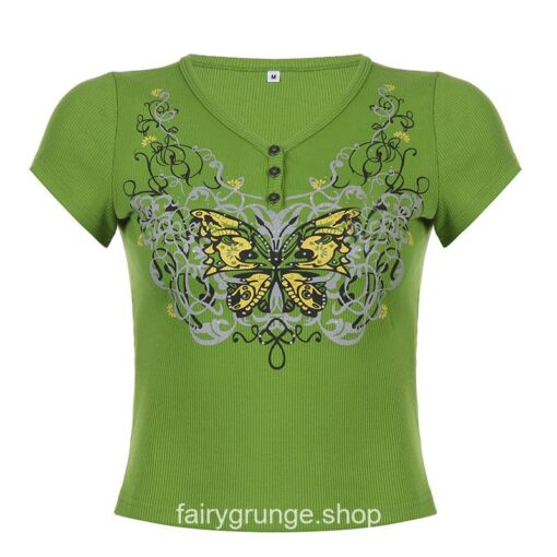 Fairycore Green Graphic Butterfly Printed Cropped Top 3
