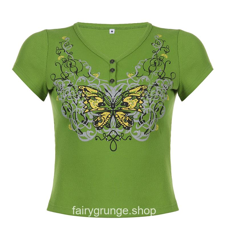 Fairycore Green Graphic Butterfly Printed Cropped Top 5