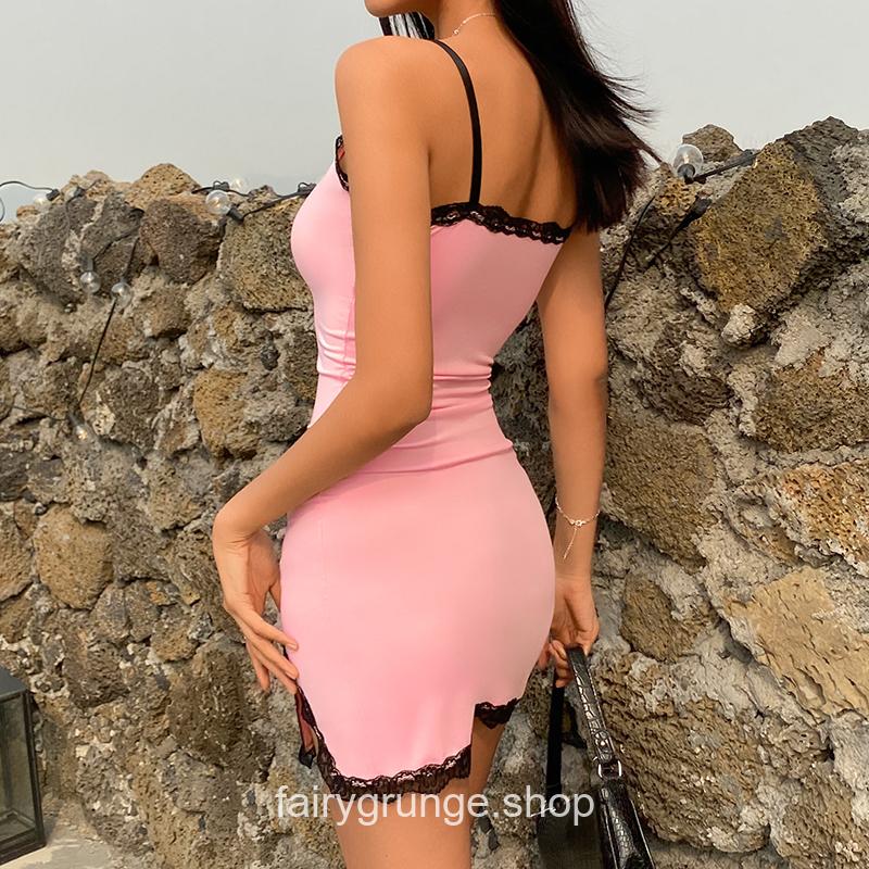 Lace Patchwork Pink Strap Bow Bodycon Dress 15