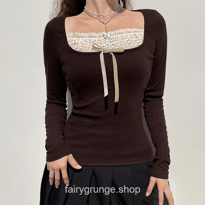 Brown Knitted Lace Patchwork Long Sleeve Grunge Fairycore T-Shirt 3