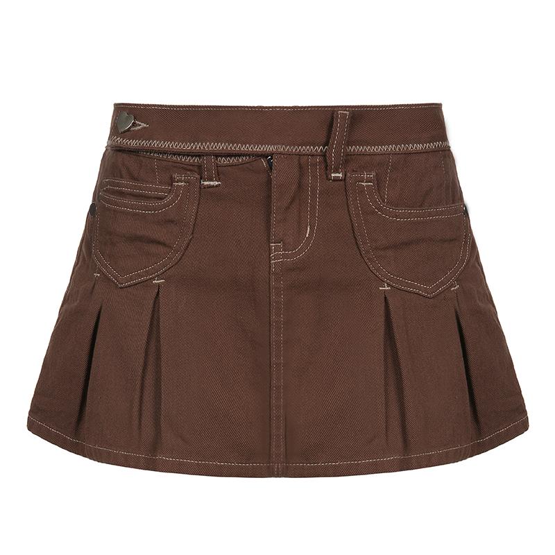 Brown Denim Skirt Pocket Aesthetic Solid Hot High Waist Mini Skirt 7