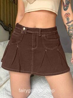 Brown Denim Skirt Pocket Aesthetic Solid Hot High Waist Mini Skirt 2