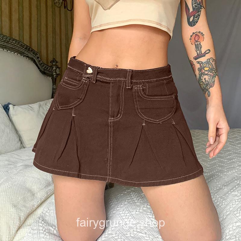 Brown Denim Skirt Pocket Aesthetic Solid Hot High Waist Mini Skirt 1