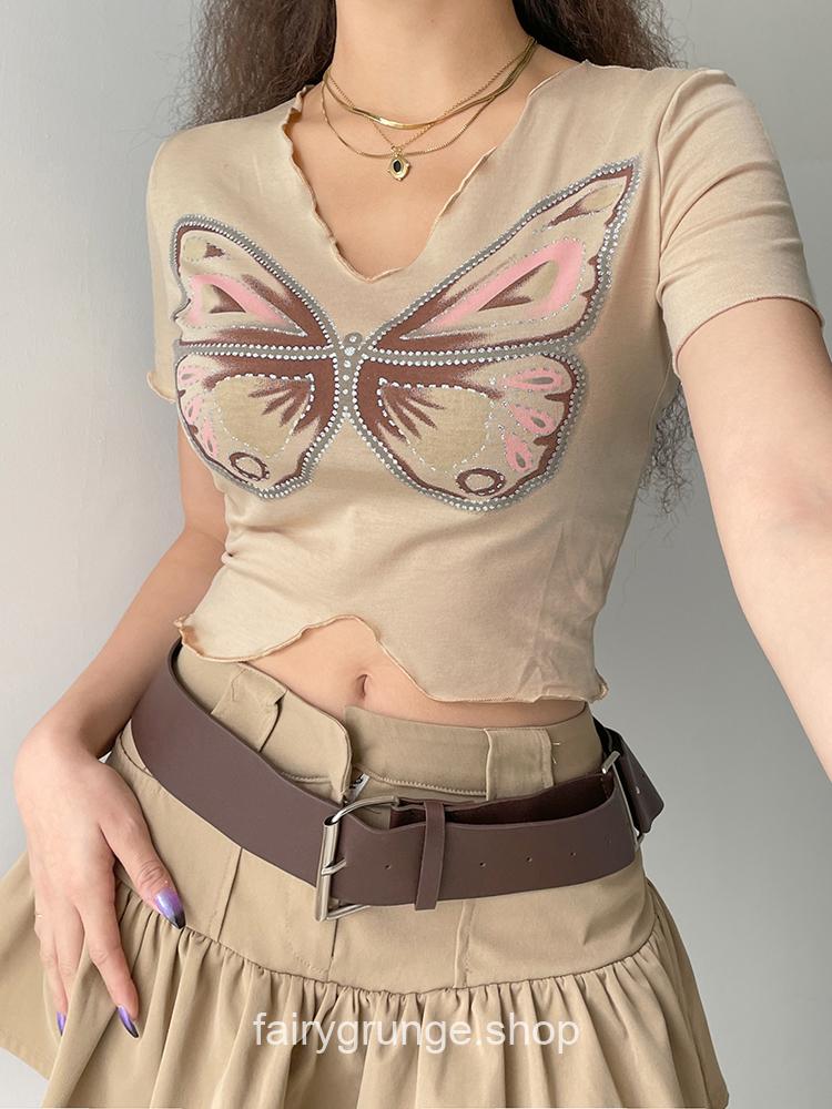 Fairycore Butterfly Printed Frill Short Sleeve Crop Top 9