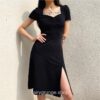 Square Neck Elegant Ruched Side Split Short Sleeve Casual Dress 1