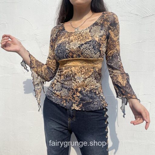 Vintage Fashion Floral PrintLace Patchwork Flare Sleeve 90s T-Shirt 1