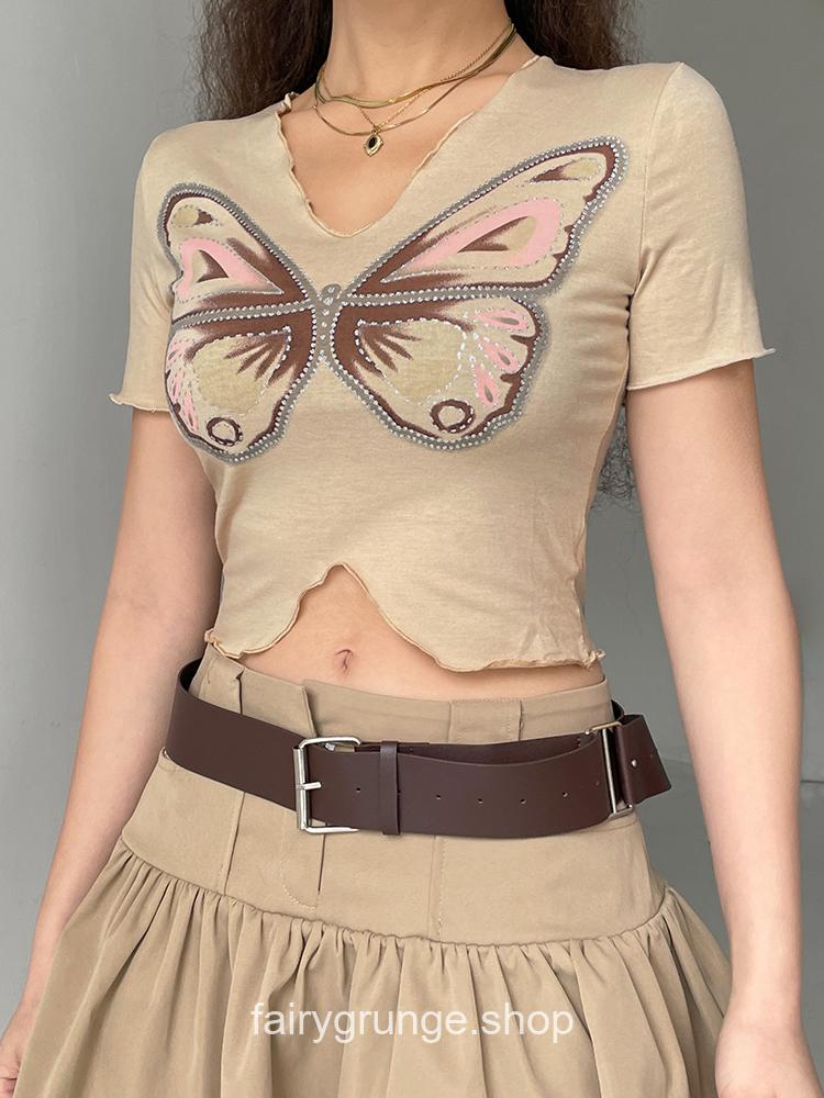 Fairycore Butterfly Printed Frill Short Sleeve Crop Top 1