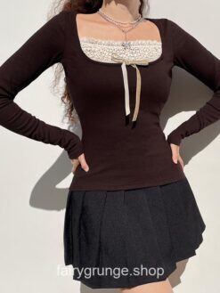Brown Knitted Lace Patchwork Long Sleeve Grunge Fairycore T-Shirt 1