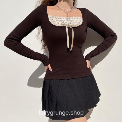 Brown Knitted Lace Patchwork Long Sleeve Grunge Fairycore T-Shirt 1