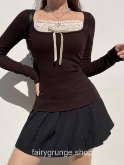 Brown Knitted Lace Patchwork Long Sleeve Grunge Fairycore T-Shirt 6