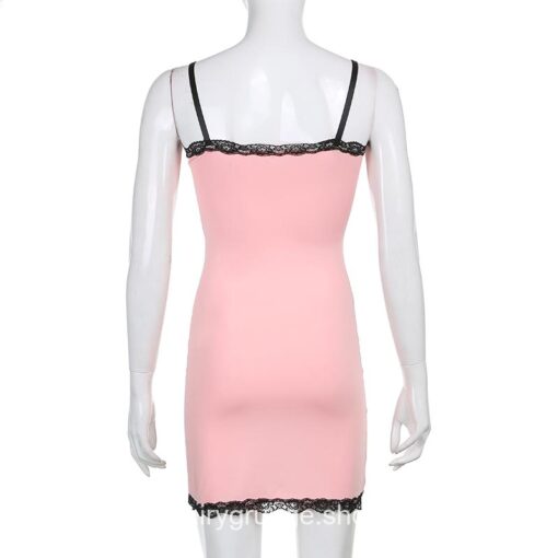 Lace Patchwork Pink Strap Bow Bodycon Dress 5