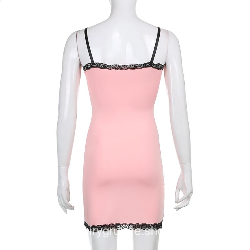 Lace Patchwork Pink Strap Bow Bodycon Dress 29