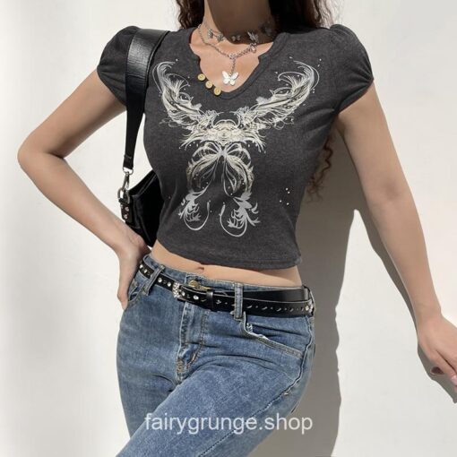 Retro Butterfly Cute Aesthetic Fairy Grunge Print Crop Top 3