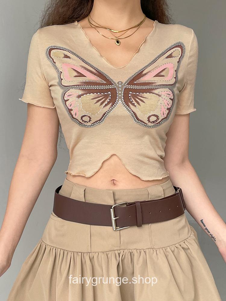 Fairycore Butterfly Printed Frill Short Sleeve Crop Top 5