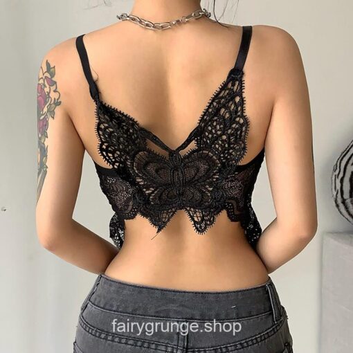 Grunge Fairycore Fashion Chic Black Butterfly Lace Backless Elegant Vest 5