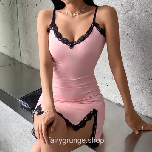 Lace Patchwork Pink Strap Bow Bodycon Dress 2