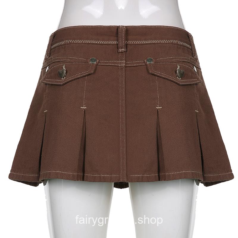 Brown Denim Skirt Pocket Aesthetic Solid Hot High Waist Mini Skirt 9