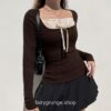 Brown Knitted Lace Patchwork Long Sleeve Grunge Fairycore T-Shirt 3