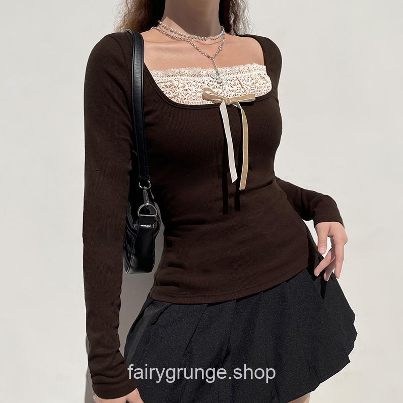 Brown Knitted Lace Patchwork Long Sleeve Grunge Fairycore T-Shirt 5