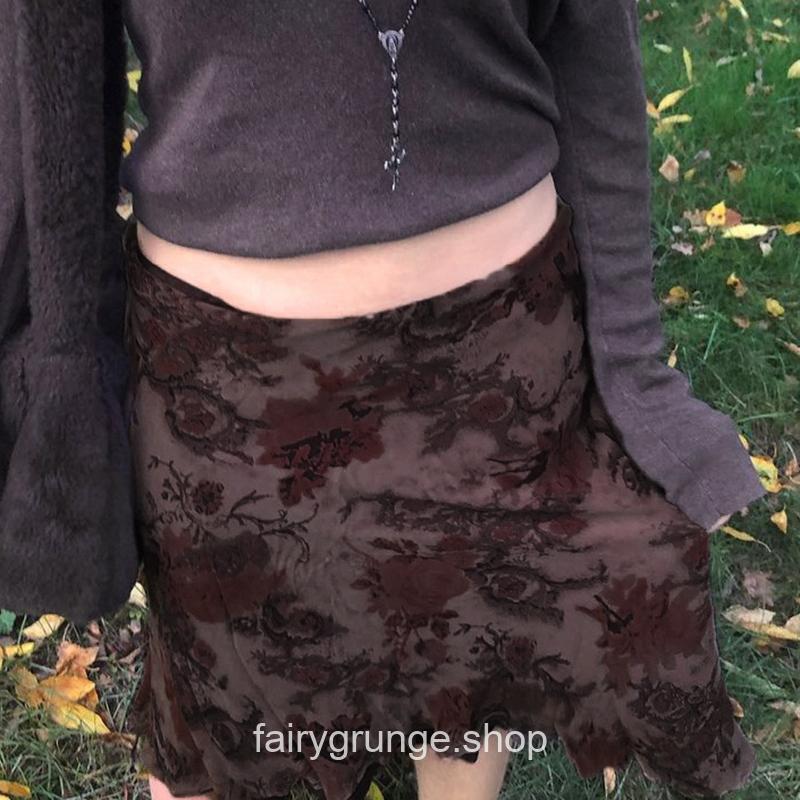 Vintage Y2K Floral Printed 90s Aesthetic Fairycore Low Waist Midi Skirt 1
