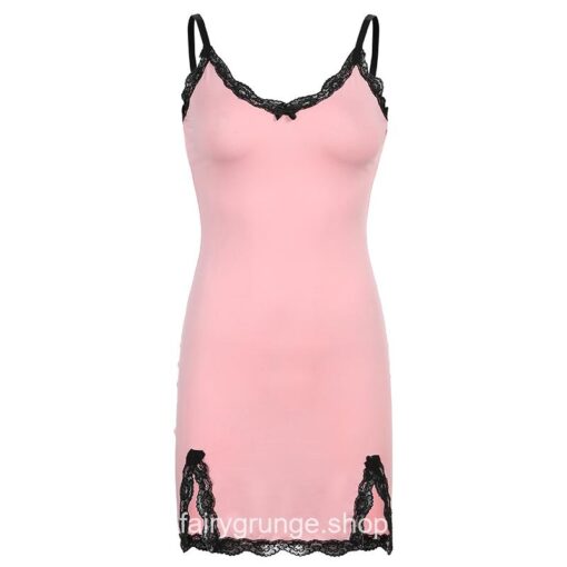 Lace Patchwork Pink Strap Bow Bodycon Dress 4
