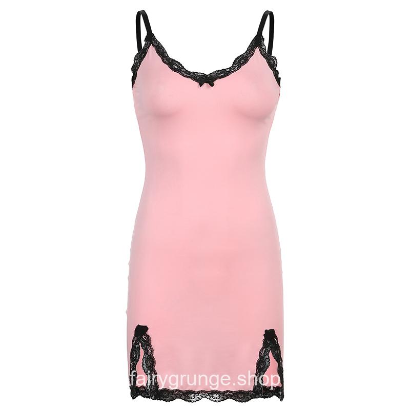 Lace Patchwork Pink Strap Bow Bodycon Dress 21