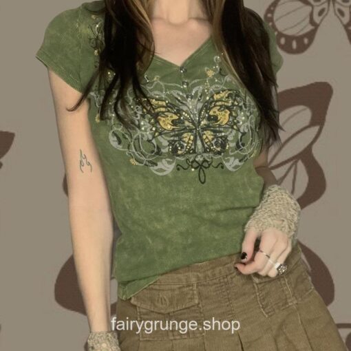 Fairycore Green Graphic Butterfly Printed Cropped Top 2