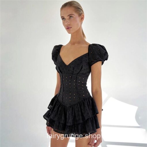 Fairy Grunge Fashion V Neck Ruffles Pleated Chic Corset Dress 6