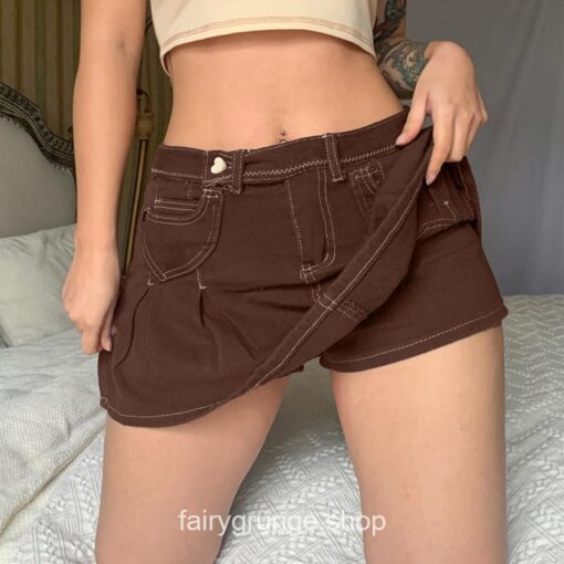 Brown Denim Skirt Pocket Aesthetic Solid Hot High Waist Mini Skirt 3